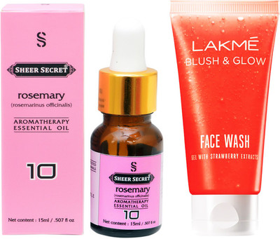 

SHEER SECRET AROMATHERAPY ROSEMARY ESSENTIAL OIL 15ML with LAKME BLUSH & GLOW STRAWBERRY GEL FACEWASH 100ML(Set of 2)