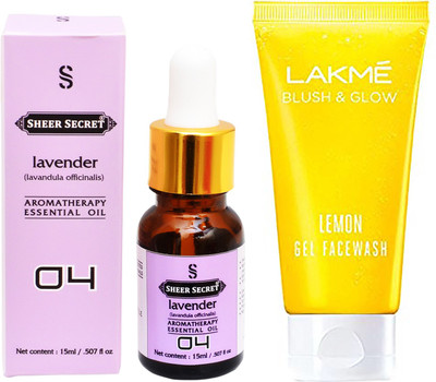 

SHEER SECRET AROMATHERAPY LAVENDER ESSENTIAL OIL 15ML with LAKME BLUSH & GLOW LEMON GEL FACEWASH 100ML(Set of 2)