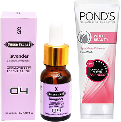 

SHEER SECRET AROMATHERAPY LAVENDER ESSENTIAL OIL 15ML with POND'S WHITE BEAUTY FACEWASH 100ML(Set of 2)