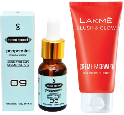 

SHEER SECRET AROMATHERAPY PEPPERMINT ESSENTIAL OIL 15ML with LAKME BLUSH & GLOW STRAWBERRY CREME FACEWASH 100ML(Set of 2)