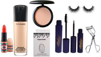 

importedd Silicon Puff & Matchmaster Foundation & Mac Compact & Padma Eyeliner & Mascara & Curler & Eyelashes & White Prime Lipstick(Set of 8)