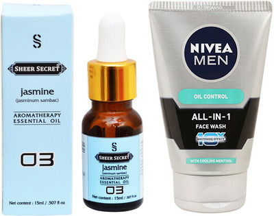 

SHEER SECRET AROMATHERAPY JASMINE ESSENTIAL OIL 15ML with NIVEA ALL IN 1 FACEWASH 100ML(Set of 2)