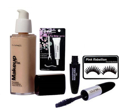 

Pink Rebellion Eyelashes & Mac Makeup Pro longwear Foundation & Colorbar 2 in 1 Eyeliner+Mascara & Eyelashes Glue(Set of 4)