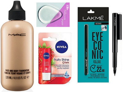 

Ellie Silicon Puff With Mac Face And Body Foundation & Lip Balm,Pen Eyeliner,Kajal(Set of 5)