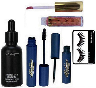 

marvalous Eyelashes, Mac Hyper Real Foundation, Padma Eyeliner & Mascara, Kylie Liquid Lip Gloss(Set of 5)