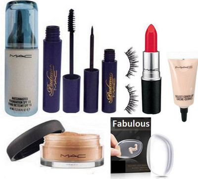 

fabulous silicone Puff ,Select Cover up Concealer, Matte Lipstick ,matchmaster liquid foundation,loose powder& Eyelashes, Eyeliner & Mascara(Set of 8)