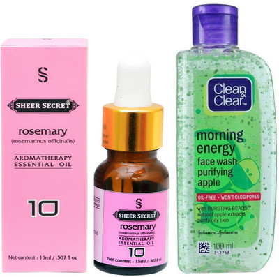 

SHEER SECRET AROMATHERAPY ROSEMARY ESSENTIAL OIL 15ML with CLEAN & CLEAR MORNING ENERGY APPLE FACEWASH 100ML(Set of 2)
