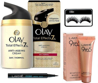 

ellie Eeyelashes&Olay Total Effects 7-in-1 Anti Aging Day Skin Cream, Normal,Lakme 9 To 5 Weightless Mousse Foundation 6gm & Eyeconic Pen Eyeliner(Set of 4)
