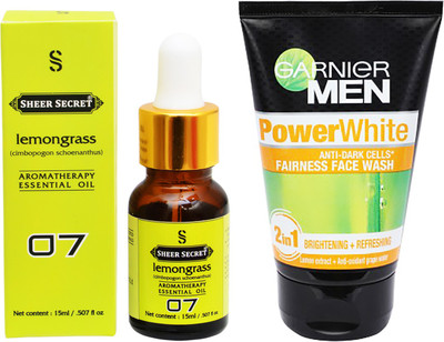 

SHEER SECRET AROMATHERAPY LEMONGRASS ESSENTIAL OIL 15ML with GARNIER MEN'S POWER WHITE FACEWASH 100ML(Set of 2)