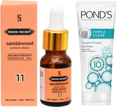 

SHEER SECRET AROMATHERAPY SANDALWOOD ESSENTIAL OIL 15ML with POND'S PIMPLE CLEAR FACEWASH 100ML(Set of 2)