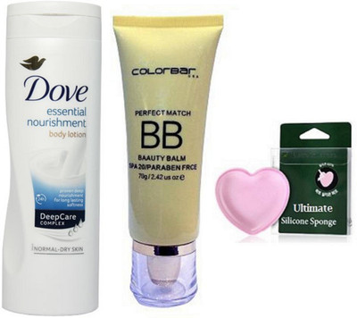 

Ultimate Silicon Puff & Perfect match Beauty Balm Cream Foundation & Dove Essential nourishment body lotion(Set of 3)