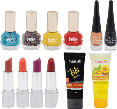 

NutriGlow Set of 1 Wild Turmeric Face Wash + 2 Eye Liners + 1 BB cream + 4 Lipsticks + 4 Belle Paris Nail Paints(Set of 1)