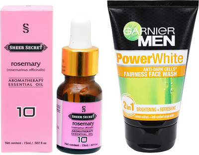 

SHEER SECRET AROMATHERAPY ROSEMARY ESSENTIAL OIL 15ML with GARNIER MEN'S POWER WHITE FACEWASH 100ML(Set of 2)