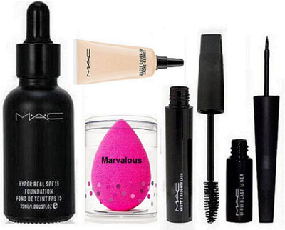 

marvalous Sponge Puff, Mac Hyper Real Foundation SPF 15, Haute And Naughty Mascara, Liuqid Last Eyeliner, Select Cover-up concealer(Set of 5)