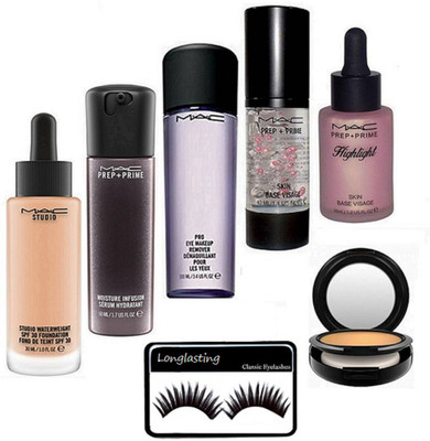 

longlasting Eyelashes, studio water weight foundation , prpe+prime moisture infusion serum , pro makeup remover , skin base visage primer & highlight with studio fix compact(Set of 7)