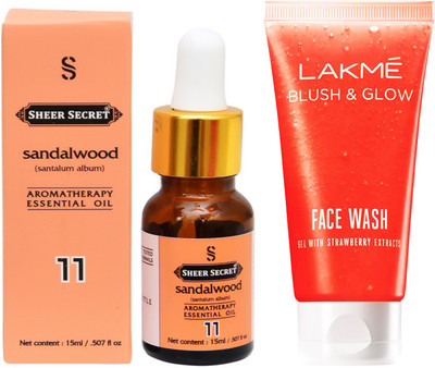 

SHEER SECRET AROMATHERAPY SANDALWOOD ESSENTIAL OIL 15ML with LAKME BLUSH & GLOW STRAWBERRY GEL FACEWASH 100ML(Set of 2)