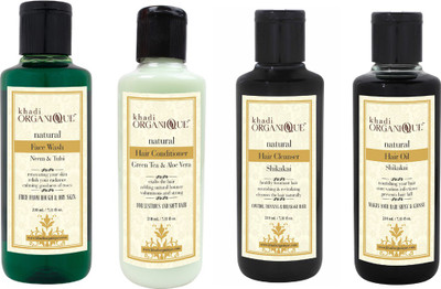 

KHADI ORGANIQUE neem tulsi face wash,greentea aloevera hair conditioner,shikakai hair cleanser(shampoo),shikakai hair oil combo pack 840 ml(pack of 4)(Set of 4)