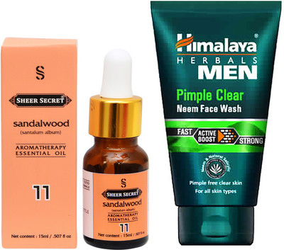 

SHEER SECRET AROMATHERAPY SANDALWOOD ESSENTIAL OIL 15ML with HIMALAYA MEN'S PIMPLE CLEAR FACEWASH 100ML(Set of 2)