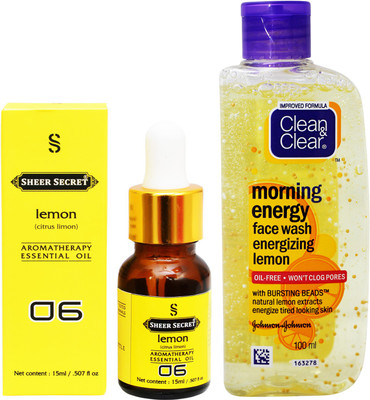 

SHEER SECRET AROMATHERAPY LEMON ESSENTIAL OIL 15ML with CLEAN & CLEAR MORNING ENERGY LEMON FACEWASH 100ML(Set of 2)