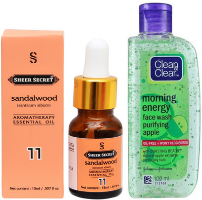

SHEER SECRET AROMATHERAPY SANDALWOOD ESSENTIAL OIL 15ML with CLEAN & CLEAR MORNING ENERGY APPLE FACEWASH 100ML(Set of 2)