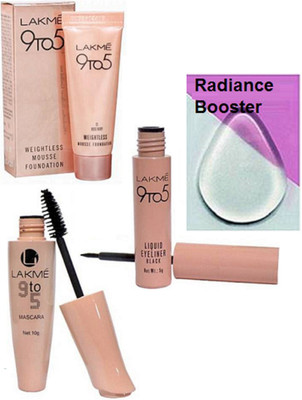 

RADIANCE BOOSTER Silicon Puff & Lakme 9 To 5 Eyeliner And Mascara With Mousse Foundation(Set of 4)
