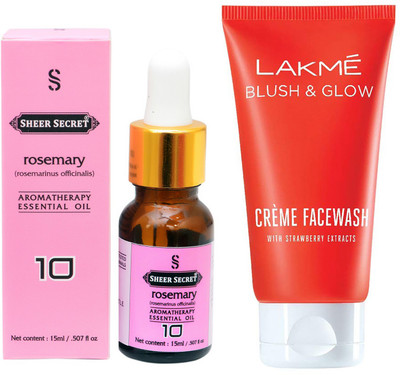 SHEER SECRET AROMATHERAPY ROSEMARY ESSENTIAL OIL 15ML with LAKME BLUSH & GLOW STRAWBERRY CREME FACEWASH 100ML(Set of 2)