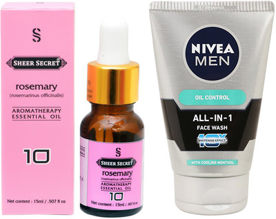 

SHEER SECRET AROMATHERAPY ROSEMARY ESSENTIAL OIL 15ML with NIVEA ALL IN 1 FACEWASH 100ML(Set of 2)
