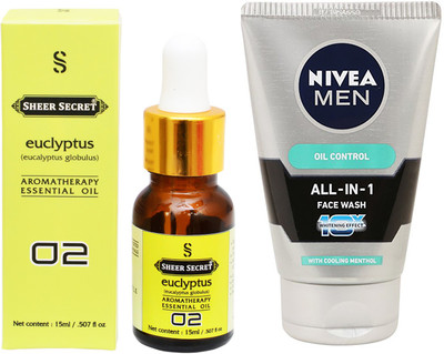 

SHEER SECRET AROMATHERAPY EUCLYPTUS ESSENTIAL OIL 15ML with NIVEA ALL IN 1 FACEWASH 100ML(Set of 2)