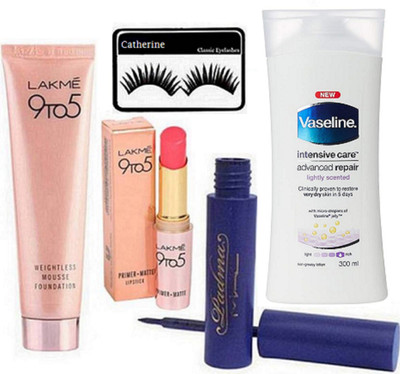 

catherine eyelashes &9 to 5 weightless mousse foundation & 9 to 5 primer+ matte finish lipstick & mac padma liquid last eyeliner, vaseline intesive care advanced repair body lotion(Set of 5)