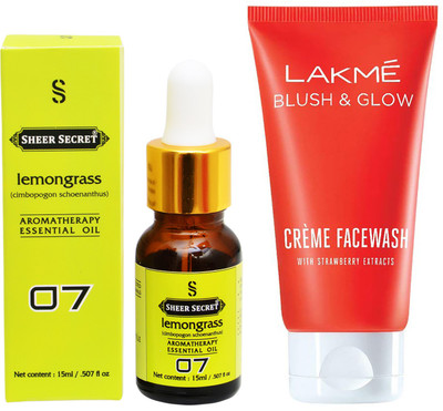 

SHEER SECRET AROMATHERAPY LEMONGRASS ESSENTIAL OIL 15ML with LAKME BLUSH & GLOW STRAWBERRY CREME FACEWASH 100ML(Set of 2)