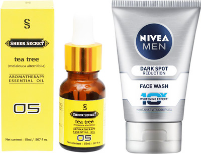 SHEER SECRET AROMATHERAPY TEA TREE ESSENTIAL OIL 15ML with NIVEA DARK SPOT REDUCTION FACEWASH 100ML(Set of 2)