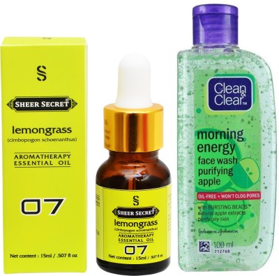 

SHEER SECRET AROMATHERAPY LEMONGRASS ESSENTIAL OIL 15ML with CLEAN & CLEAR MORNING ENERGY APPLE FACEWASH 100ML(Set of 2)