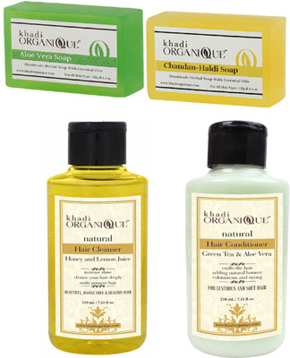 

Khadi Organique honey & lemon juice hair cleanser(shampoo),greentea aloevera hair conditioner,aloevera soap,chandan haldi soap combo pack 670 gm pack of 4(Set of 4)