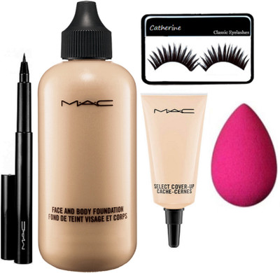 

catherine Eyelashes, Mac face and body foundation, select coverup concealer, pen eyeliner with sponge puff(Set of 5)