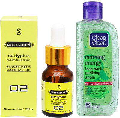 

SHEER SECRET AROMATHERAPY EUCLYPTUS ESSENTIAL OIL 15ML with CLEAN & CLEAR MORNING ENERGY APPLE FACEWASH 100ML(Set of 2)