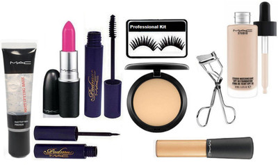 

professional kit Eyelashes,Mac Padma Eyeliner, Mascara With Matte Lipstick & Eyelashes Curler ,Studio Waterweight Foundation, Compact , Primer Gel With Mineralize Concealer(Set of 9)
