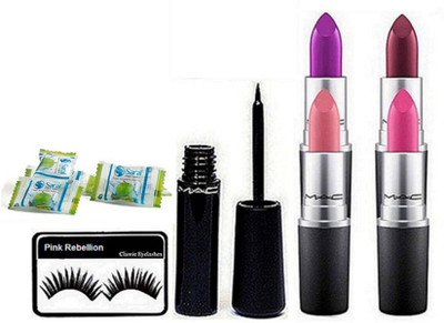 

Pink rebellion Eyelashes & Mac matte finish Lipstick 4 Shade & Liquid last Eyeliner With Magic Napkin 2(Set of 8)