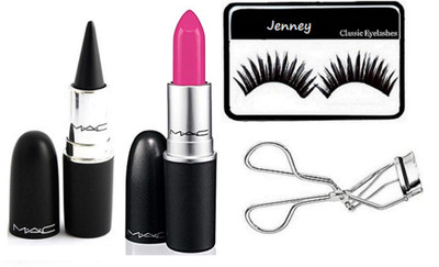 

Jenney eyelashes & mac kajal & pink lipstick with eyelashes curler(Set of 4)