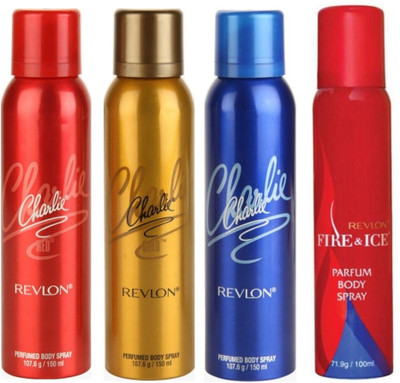 

Revlon 1 RED DEODORANT 150 ML+ 1 GOLD DEODORANT 150 ML+1 CHARLIE BLUE DEODORANT 150 ML+1 FIRE & ICE DEODORANT DEODORANT 100 ML Deodorant Spray - For Men & Women(150 ml, Pack of 4)