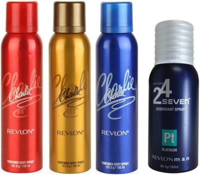

Revlon 1 CHARLIE RED DEODORANT 150 ML+ 1 CHARLIE GOLD DEODORANT 150 ML+1 CHARLIE BLUE DEODORANT 150 ML+1 24 SEVEN PLATINUM DEODORANT 130 ML Deodorant Spray - For Men & Women(150 ml, Pack of 4)