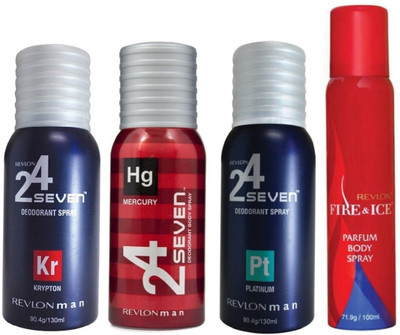 

Revlon 1 FIRE & ICE DEODORANT 100 ML+ 1 24 SEVEN KRYPTON DEODORANT 130 ML+1 24 SEVEN MERCURY DEODORANT 130 ML+1 24 SEVEN PLATINUM DEODORANT 130 ML Deodorant Spray - For Men & Women(130 ml, Pack of 4)