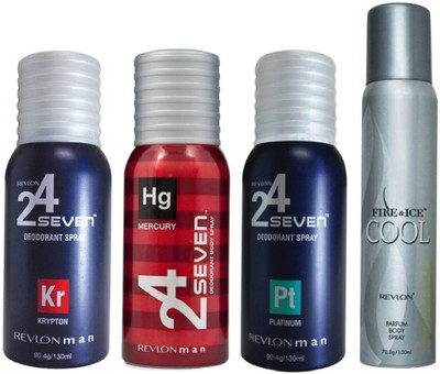 

Revlon 1 FIRE & ICE COOL DEODORANT 100 ML+1 24 SEVEN KRYPTON DEODORANT 130 ML+ 1 24 SEVEN MERCURY DEODORANT 130 ML+1 24 SEVEN PLATINUM DEODORANT 130 ML Deodorant Spray - For Men & Women(130 ml, Pack of 4)