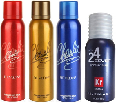 

Revlon 1 CHARLIE RED DEODORANT 150 ML+ 1 CHARLIE GOLD DEODORANT 150 ML+1 CHARLIE BLUE DEODORANT 150 ML+1 24 SEVEN KRYPTON DEODORANT DEODORANT 130 ML Deodorant Spray - For Men & Women(150 ml, Pack of 4)