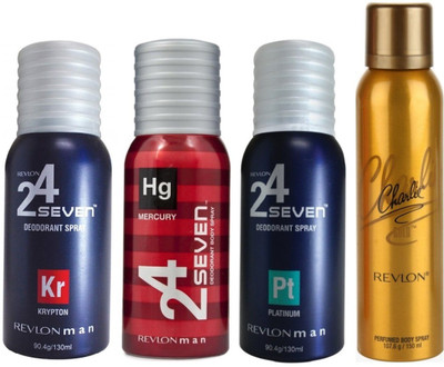 

Revlon 1 CHARLIE GOLD DEODORANT 150 ML+1 24 SEVEN KRYPTON DEODORANT 130 ML+ 1 24 SEVEN MERCURY DEODORANT 130 ML+1 24 SEVEN PLATINUM DEODORANT 130 ML Deodorant Spray - For Men & Women(130 ml, Pack of 4)
