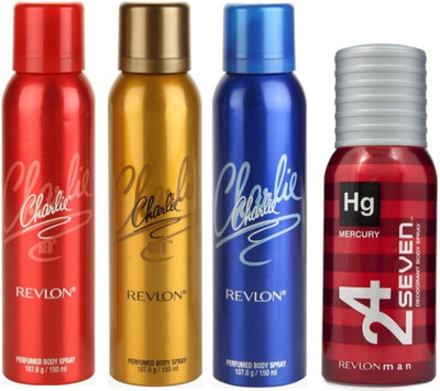 

Revlon 1 CHARLIE RED DEODORANT 150 ML+ 1 CHARLIE GOLD DEODORANT 150 ML+1 CHARLIE BLUE DEODORANT 150 ML+1 24 SEVEN MERCURY DEODORANT DEODORANT 130 ML Deodorant Spray - For Men & Women(150 ml, Pack of 4)
