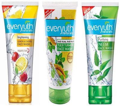 

Everyuth Naturals Brightening LEMON and CHERRY Facewash, TULSI TURMERIC, NEEM 50g x 3 Face Wash(150 g)