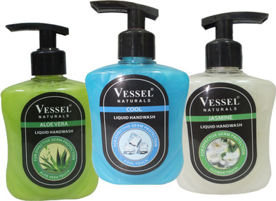 

Vessel Naturals Liquid Handwash Aloe Vera , Cool, Jasmine, 250ml x 3 Combo Pack(750 ml, Pump Dispenser, Pack of 3)