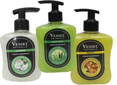 

Vessel Naturals Liquid Handwash Jasmine, Aloe Vera, Fruity 250ml x 3 Combo Pack(750 ml, Pump Dispenser, Pack of 3)
