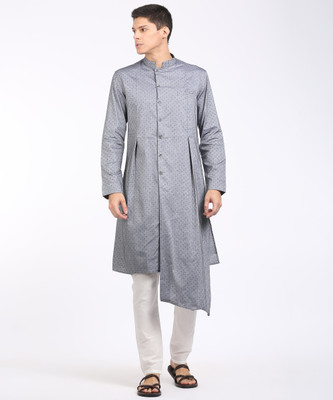 The Indian Garage Co.  - Freehand Men Printed Trail Cut Kurta(Blue, Grey)