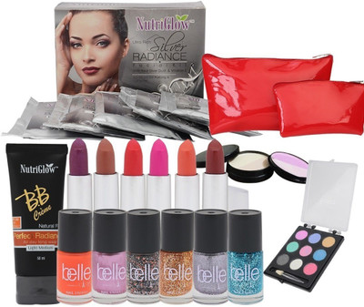 

NutriGlow Nutriglow- 1 siver facial kit 55 gm, 6 lipstick, 6 nailpaints,1 BB cream, 1 eye shadow ,1- 5-in-1 compact,Set of two pouches(Pack of 11)